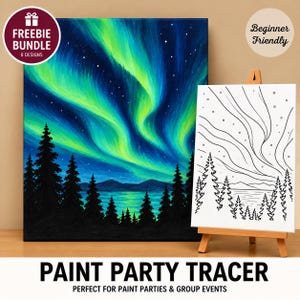 Aurora Borealis Norrskensskog DIY-målningsfest Utskrivbar spårämne Förritad kanvaskontur Sip & Paint-mall Ladda ner Nybörjare