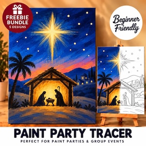 May include: A nativity scene painting kit featuring a large canvas with a colorful depiction of a stable under a bright star and a smaller canvas showing a half-painted version with line art. Text includes FREEBIE BUNDLE 5 DESIGNS and Beginner Friendly.