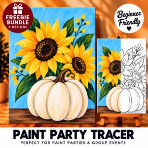Pode incluir: Um kit de decalque para festas de pintura com uma imagem de dois girassóis amarelos e uma abóbora branca sobre um fundo azul. O kit inclui uma imagem de referência a cores e uma versão de arte linear a preto e branco.