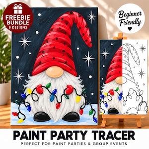 May include: A paint party tracer kit featuring a gnome with a red polka-dot hat, a white beard, and a string of colorful Christmas lights against a dark blue background with white stars. Includes a full-color version and a line-art version.