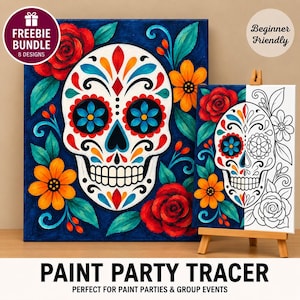 May include: Two canvases featuring a sugar skull design surrounded by red roses and orange flowers on a dark blue background. One canvas is fully painted, while the other shows a half-painted, half-outlined version on a wooden easel.