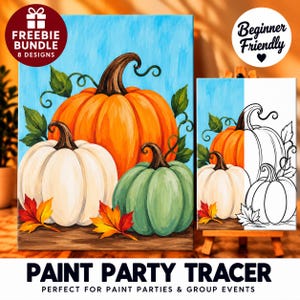 May include: A paint party tracer featuring a large orange pumpkin, a white pumpkin, and a green pumpkin with green leaves and vines against a blue sky. The image includes a color version and a black and white line art version of the pumpkins.
