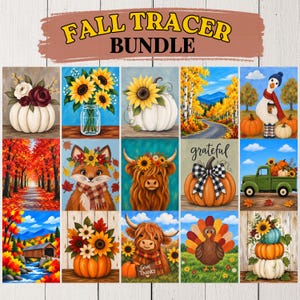 May include: A digital collection titled FALL TRACER BUNDLE featuring fifteen autumn-themed illustrations including sunflowers, pumpkins, a fox, a highland cow, a turkey, a green truck, a covered bridge, and fall foliage landscapes in vibrant colors.