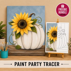 May include: A canvas painting of a white pumpkin topped with a large yellow sunflower and green leaves against a blue background, displayed next to a matching line art tracer on an easel and a blue cup containing several paintbrushes.