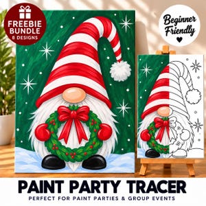 May include: A gnome painting design featuring a red and white striped hat, a green wreath with a red bow, and a white beard against a green background with white stars. Includes a matching black and white line art version for tracing.