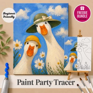 May include: A paint party tracer kit featuring a canvas with two white ducks wearing hats in a field of daisies under a blue sky with clouds. The kit includes a smaller black and white line art version of the same duck image on a wooden easel.