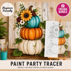 Può includere: Un modello per pittura con una pila di tre zucche color ottanio, arancione e bianco, sormontate da un girasole e una composizione floreale su uno sfondo di assi di legno. Include una versione in bianco e nero per il ricalco.