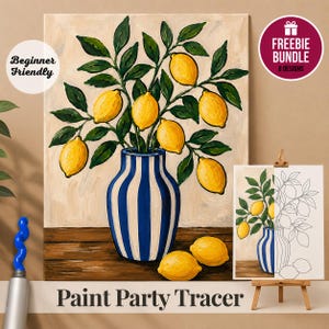 Könnte beinhalten: Ein Gemälde einer blau-weiß gestreiften Vase, gefüllt mit gelben Zitronen und grünen Blättern auf einer Holzoberfläche. Das Bild enthält den Text Beginner Friendly, Freebie Bundle 8 Designs und Paint Party Tracer.