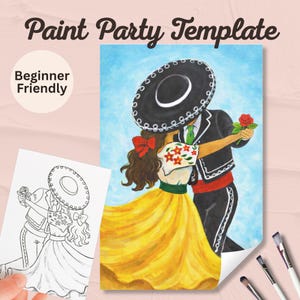 May include: A paint party template featuring a colorful illustration of a dancing couple in traditional Mexican attire. The image includes the text "Paint Party Template" and "Beginner Friendly". A black and white outline of the same image is also shown.
