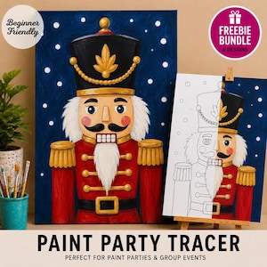 May include: A painting of a nutcracker with a black hat, red jacket, and white beard against a dark blue background with white dots. Beside it, a partial line art drawing of the same nutcracker on a white background, showing the design outline.