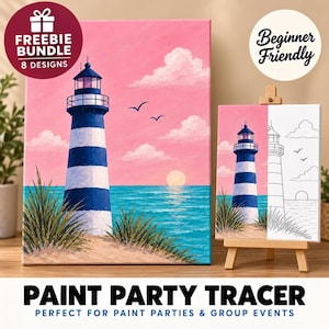 May include: A paint party tracer kit featuring a lighthouse scene with a blue and white striped lighthouse on a sandy beach, a turquoise ocean, and a pink sky. The set includes a finished painting and a line art version on a wooden easel.