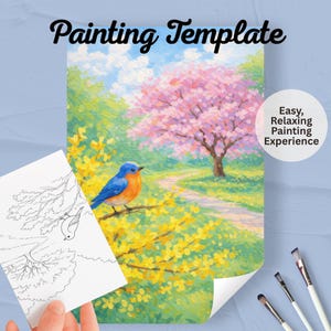 Könnte beinhalten: Eine Malvorlage mit einer lebendigen Landschaft, auf der ein Blaufuß auf einem Ast sitzt. Die Szene umfasst einen rosa blühenden Baum, gelbe Blumen und einen Pfad. Der Text "Painting Template" und "Easy, Relaxing Painting Experience" sind sichtbar.