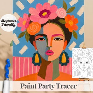 Plantilla imprimible para fiesta de pintura DIY con corona de flores para mujer. Contorno de lienzo prediseñado para descargar. Ideal para principiantes.