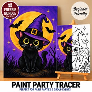 Pode incluir: Uma tela com um gato preto usando um chapéu de bruxa roxo contra uma lua amarela e céu roxo com morcegos. Ao lado, uma tela menor em um cavalete de madeira mostra o mesmo design de gato, metade em cores e metade como um desenho de linhas.
