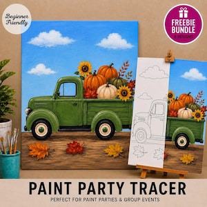 May include: A paint party tracer kit featuring a green pickup truck carrying pumpkins and sunflowers under a blue sky with clouds. The set includes a finished painting and a line art outline for tracing, with fallen autumn leaves on the ground.
