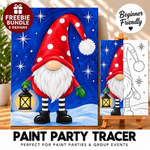 May include: A painting of a gnome wearing a red hat with white polka dots and a white pom-pom, holding a glowing lantern against a blue starry background. Beside it, a line art version of the same gnome design on a small wooden easel.