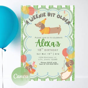 Op de afbeelding: Een verjaardagsuitnodiging met een cartoon teckel met een feesthoedje en een gestreepte trui. De uitnodigingstekst bevat "A Weenie Bit Older", de naam "Alexa" en de datum en tijd van het feest.