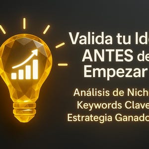 May include: A glowing yellow lightbulb with a graph icon inside, radiating light on a dark background. Text reads "Valida tu Idea ANTES de Empezar" and lists "Análisis de Nicho, Keywords Clave, Estrategia Ganadora".