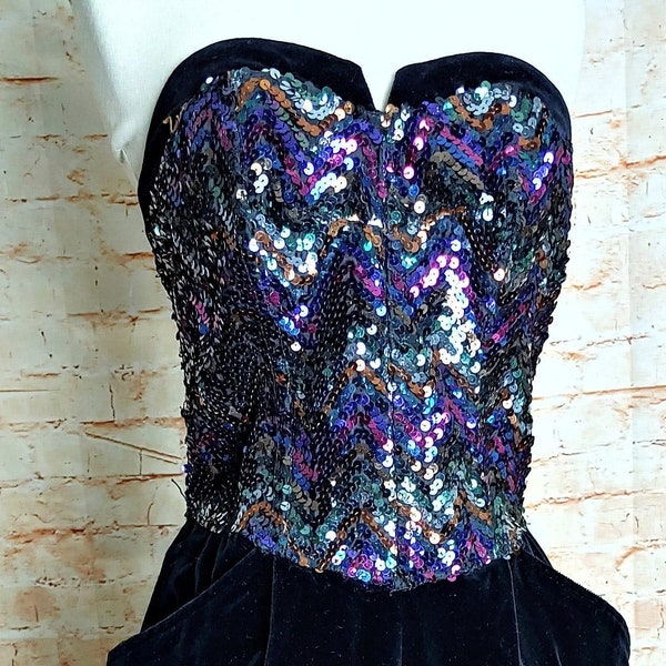 Platine Paris 80s Strapless Black Velvet & Sequin Dress Sz 4