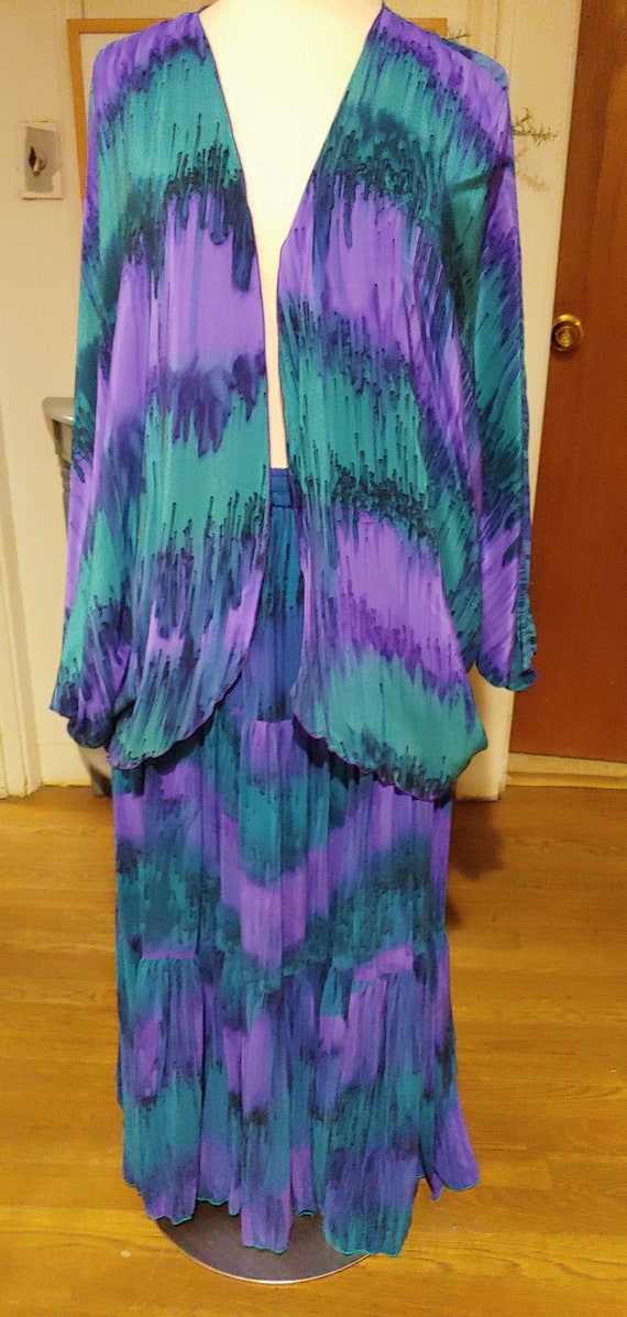 80s 90s Dyed Silk Batwing Jacket Peasant Skirt XL 