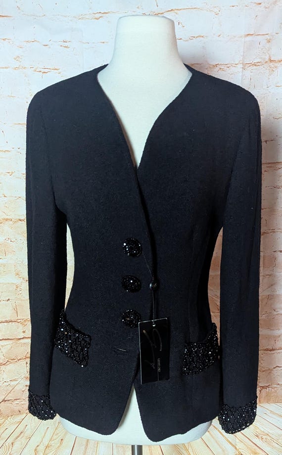 Genny Oro by Versace 80s Deadstock Black Beaded Wool Boucle Jacket 