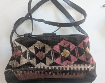 Vintage Woven Wool Kilim Rug Crossbody Shoulder Purse Bag Zip Top
