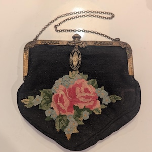 Antique Victorian Petit Point Purse Evening Bag Brass Frame Roses
