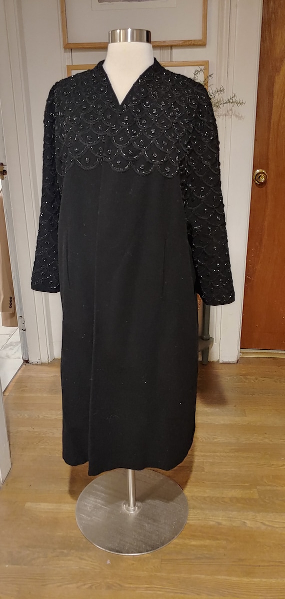 1950s Black Wool Beaded Evening Coat S M