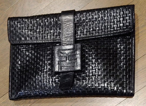 Fendi Clutch Black Woven Leather w Shoulder Strap - image 1