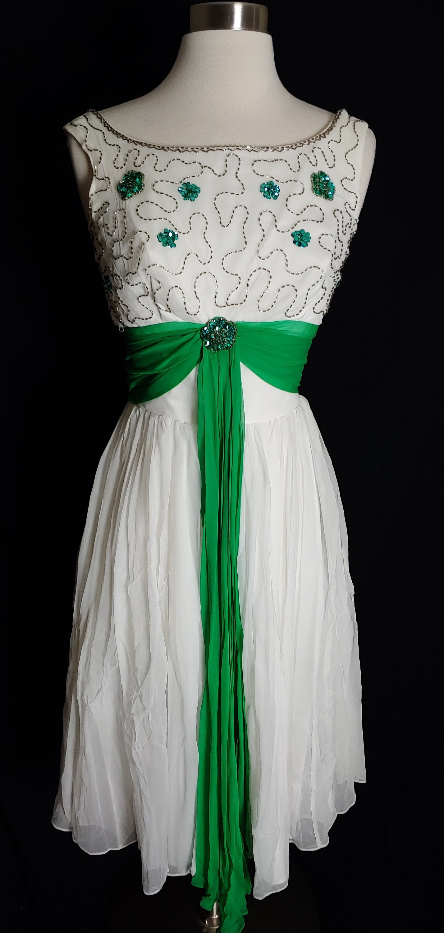 50s Silk Chiffon Sequin Beaded White & Green Cocktail Dress