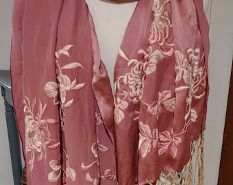 1920s Silk Embroidered Rose Scarf w Fringe