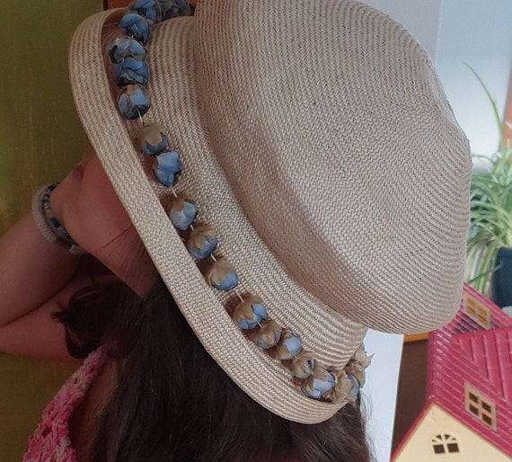 30s Straw Hat with Blue Flower Buds
