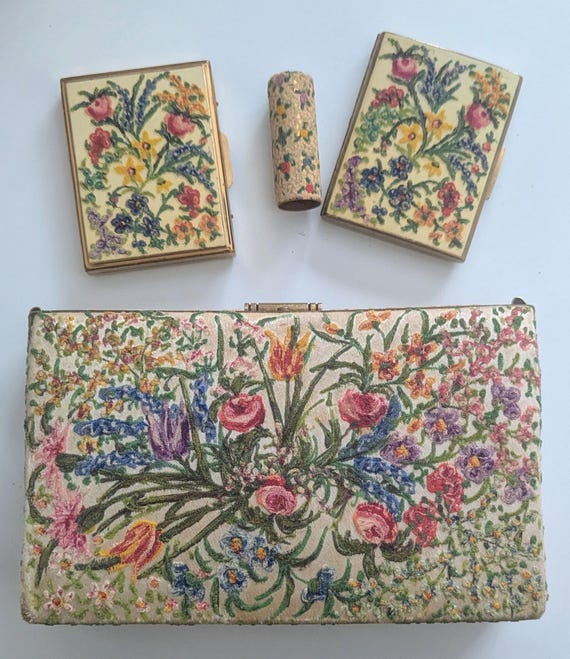 1930s Hand painted Waldy Bag w Stratton Compacts & Lipstick Cover