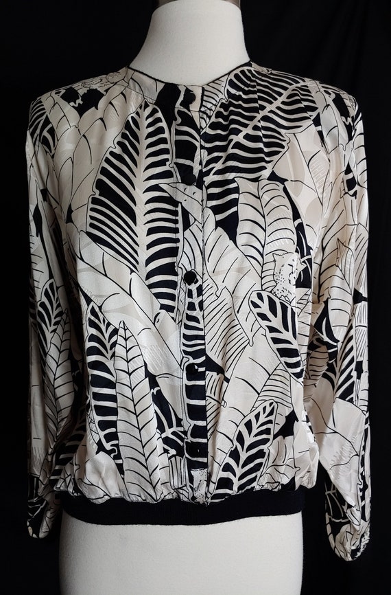 Krizia, Krizia Italy Black & White Silk Safari Graphic Blouse 80s Sz S M