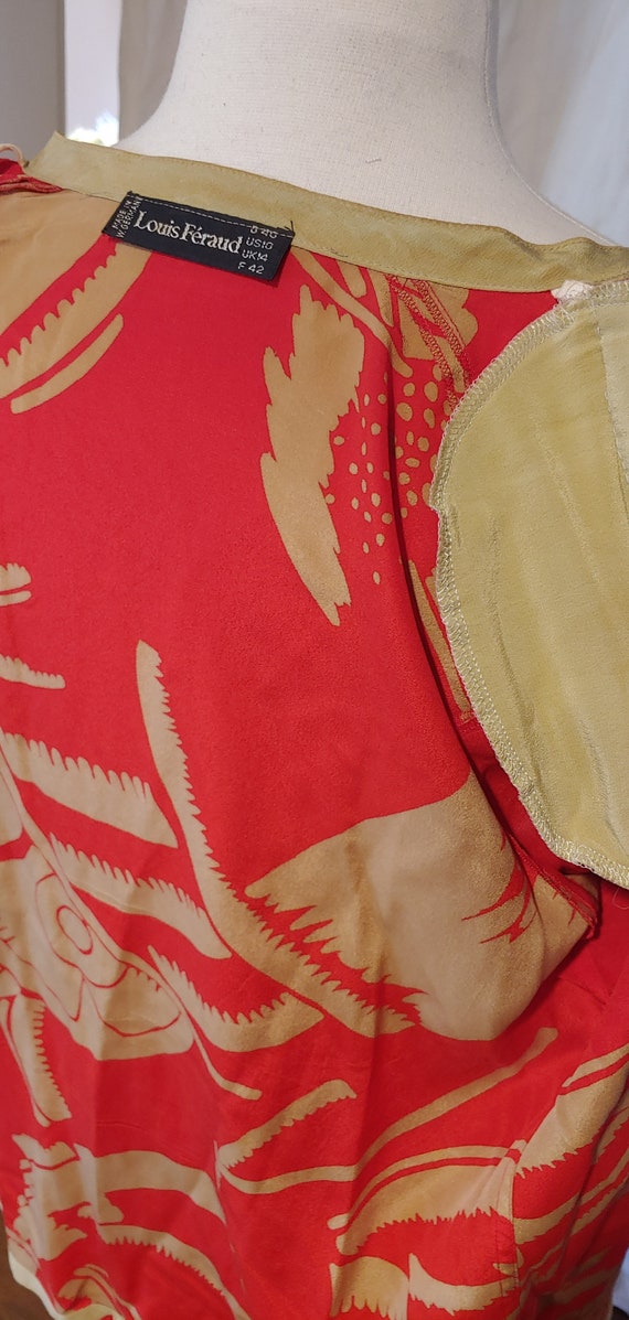 80s Louis Feraud Red & Khaki Silk Skirt Suit Sz 4… - image 3