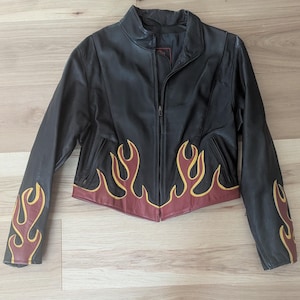Fashions by Rose Black Leather Flame Moto Jacket L