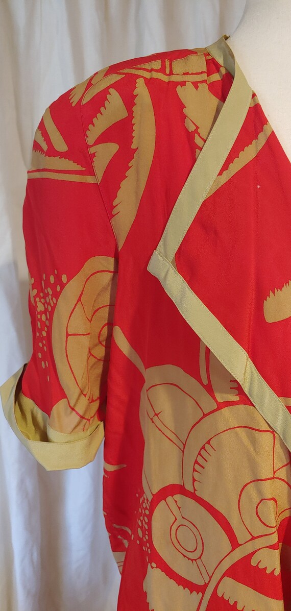 80s Louis Feraud Red & Khaki Silk Skirt Suit Sz 4… - image 6