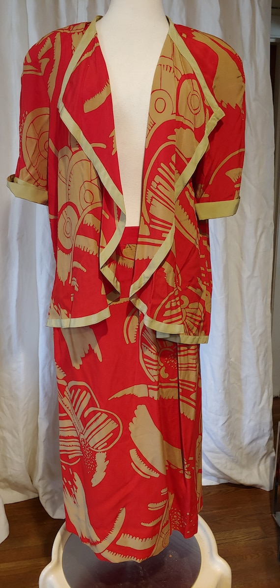 80s Louis Feraud Red & Khaki Silk Skirt Suit Sz 4… - image 1