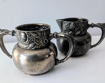 Art Nouveau Silverplate Creamer & Sugar Bowl Floral Repousse Quadruple Plate Derby Silver