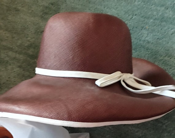 70s Frank Olive Brown Wide Brim Straw Hat w White… - image 5