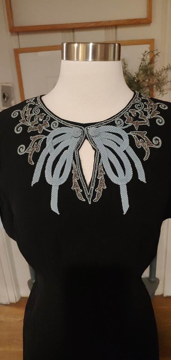 1940s 30s Black Rayon Embroidered Beaded Floor Len