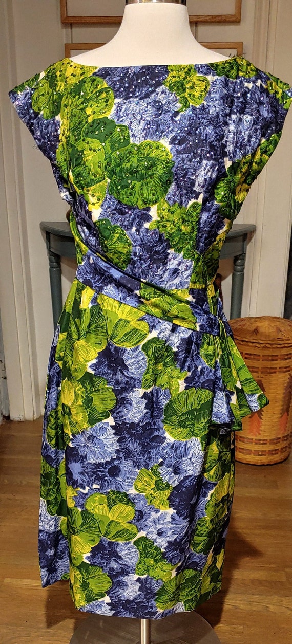 50s Silk Floral Sequin Cocktail Dress Lee Claire W