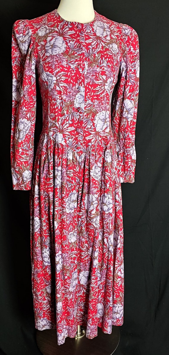 Laura Ashley Floral Red Lavender 80s 90s Cotton Wo