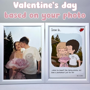 May include: A two-panel framed artwork. The left panel shows a photo of a couple, the woman holding a bouquet. The right panel is a cartoon of a couple with the text "love is..." and "...when he doesn't like taking photos, but does a photoshoot just for her."