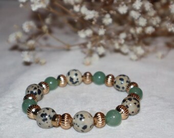 Pulsera de cuentas de jaspe dálmata y aventurina verde Harmony Flow: pulsera de cristal para la confianza y la prosperidad.