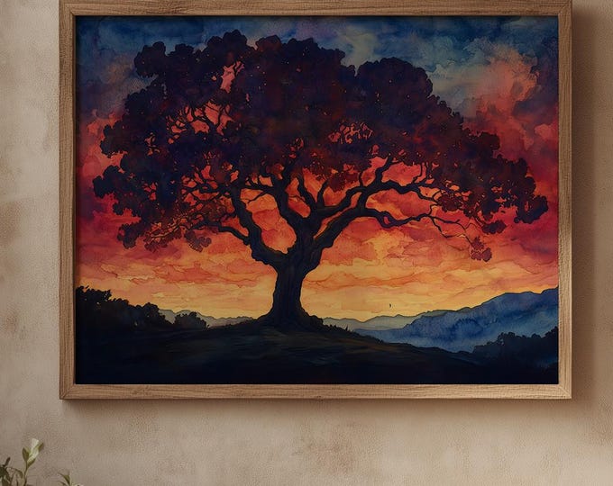 Featured listing image: Rustic Oak Tree Sunset Watercolor Landscape Art Print (Digital Download)