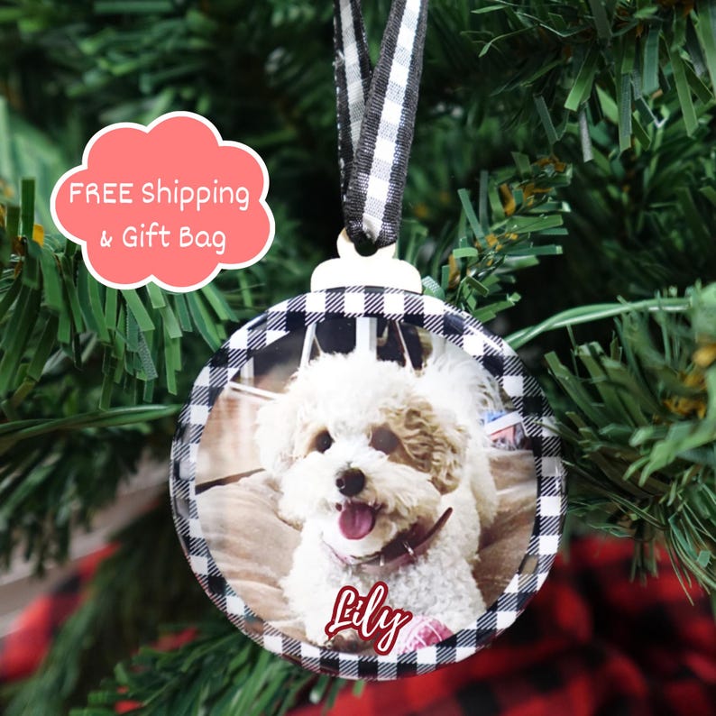 K&ouml;nnte beinhalten: Runder Weihnachtsschmuck mit einem Foto eines kleinen, flauschigen Hundes mit rosa Halsband. Der Schmuck hat einen schwarz-wei&szlig; karierten Rand und ein schwarz-wei&szlig;es Band zum Aufh&auml;ngen. Der Name des Hundes, "Lily", ist in roter Schrift geschrieben.