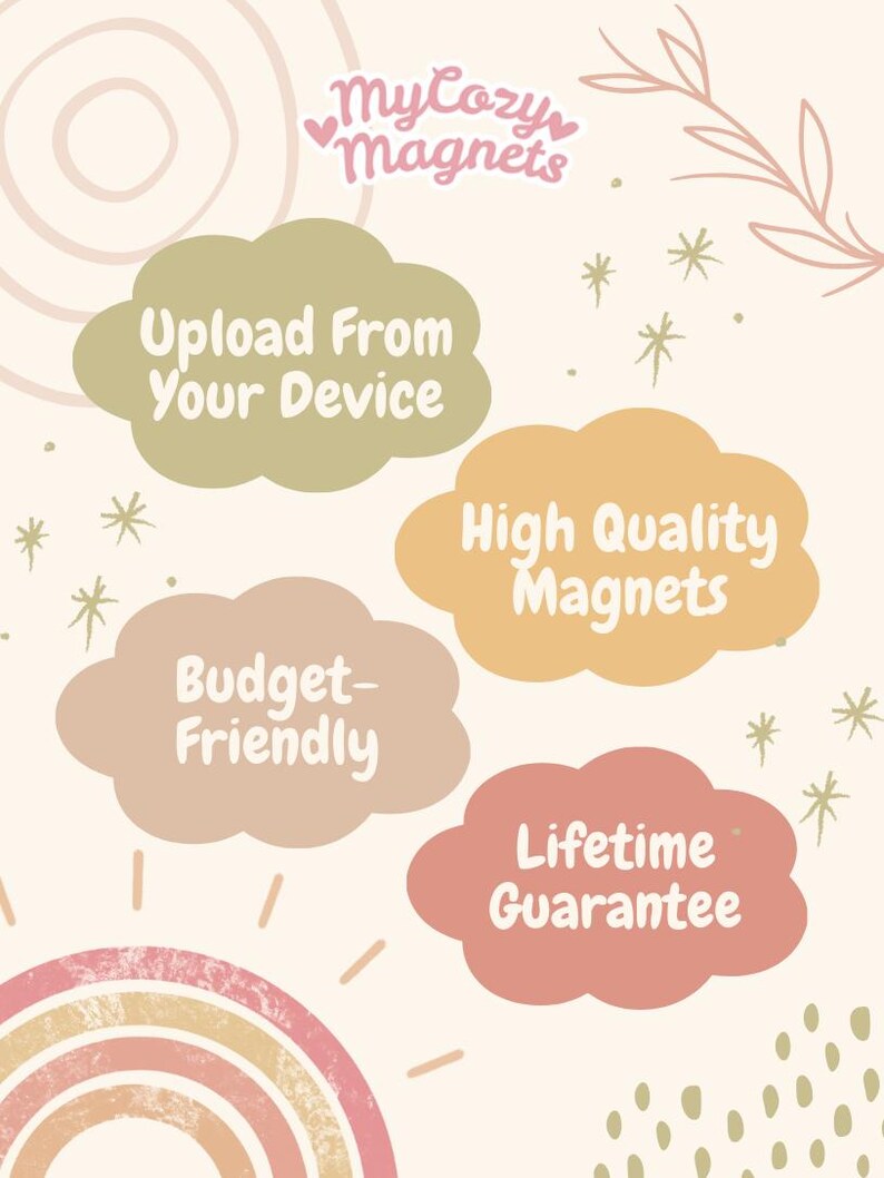 K&ouml;nnte beinhalten: Werbegrafik f&uuml;r MyCozy Magnets mit Text in Wolkenform. Der Text enth&auml;lt "Upload From Your Device", "High Quality Magnets", "Budget-Friendly" und "Lifetime Guarantee". Das Design hat einen Regenbogen und Sternakzente.
