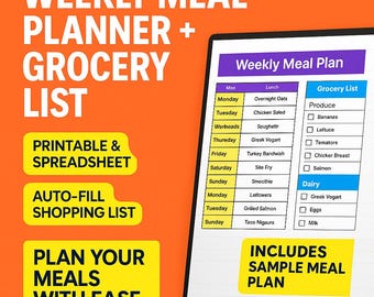 Könnte beinhalten: Ein digitaler Wochenessensplaner und eine Einkaufsliste auf einem Tablet. Der Bildschirm zeigt einen Beispiel-Essensplan und eine Einkaufsliste. Der Text auf dem Bildschirm enthält "Weekly Meal Plan" und "Grocery List".