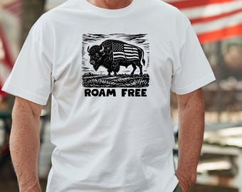 American Flag Buffalo Tee with the saying: Roam Free. A Patriotic, Outdoorsy Tee